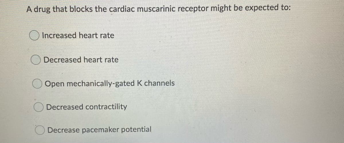 A drug that blocks the cardiac muscarinic receptor might be expected to:
Increased heart rate
Decreased heart rate
Open mechanically-gated K channels
Decreased contractility
Decrease pacemaker potential