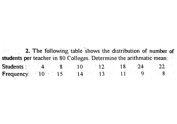 2. The following table shows the distribution of number of
students per teacher in 80 Colleges. Determine the arithmatic mean:
Students :
4
8
10
12
18
24
22
Frequency:
10
15
14
13
11
9.
