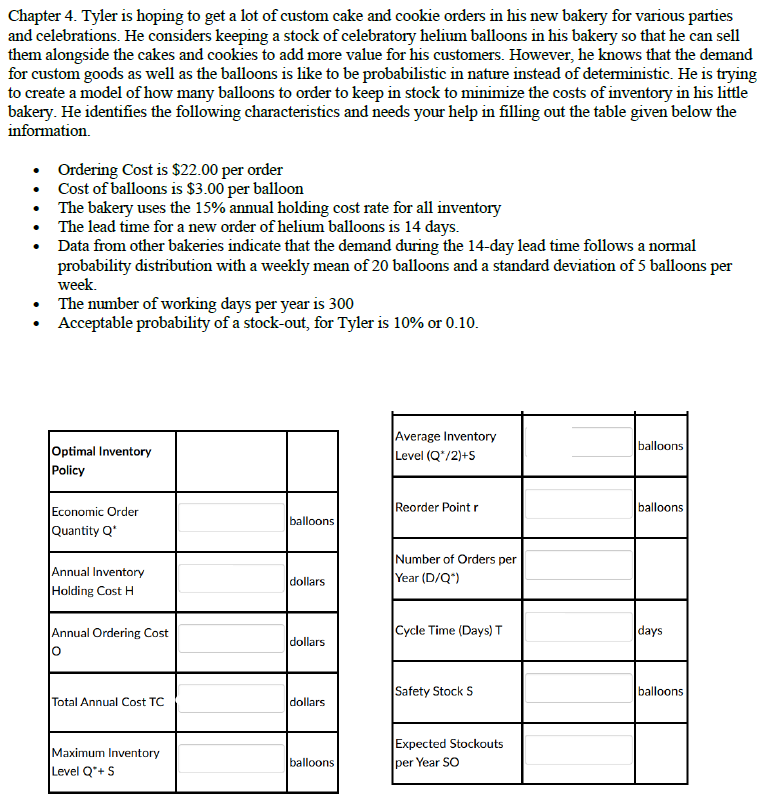Chapter 4. Tyler is hoping to get a lot of custom cake and cookie orders in his new bakery for various parties
and celebrations. He considers keeping a stock of celebratory helium balloons in his bakery so that he can sell
them alongside the cakes and cookies to add more value for his customers. However, he knows that the demand
for custom goods as well as the balloons is like to be probabilistic in nature instead of deterministic. He is trying
to create a model of how many balloons to order to keep in stock to minimize the costs of inventory in his little
bakery. He identifies the following characteristics and needs your help in filling out the table given below the
information.
Ordering Cost is $22.00 per order
Cost of balloons is $3.00 per balloon
• The bakery uses the 15% annual holding cost rate for all inventory
The lead time for a new order of helium balloons is 14 days.
Data from other bakeries indicate that the demand during the 14-day lead time follows a normal
probability distribution with a weekly mean of 20 balloons and a standard deviation of 5 balloons per
week.
The number of working days per year is 300
Acceptable probability of a stock-out, for Tyler is 10% or 0.10.
Average Inventory
Level (Q*/2)+5
balloons
Optimal Inventory
Policy
Reorder Point r
balloons
Economic Order
Quantity Q*
balloons
Annual Inventory
Holding Cost H
Number of Orders per
Year (D/Q*)
dollars
Annual Ordering Cost
Cycle Time (Days) T
days
dollars
Safety Stock S
balloons
Total Annual Cost TC
dollars
Expected Stockouts
Maximum Inventory
Level Q*+ S
balloons
per Year SO
