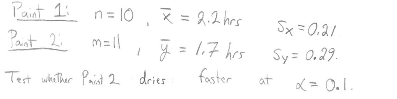 Paint 1
n = 10
= .2 hes
Sx=0.a
Pant 2
77 hes
Sy= 0.29
faster
Test wkiher Pant 2
dries
at
