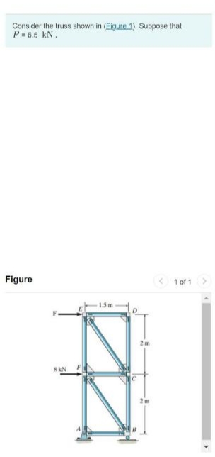 Consider the truss shown in (Eigure 1). Suppose that
P= 6.5 kN.
Figure
< 1 of 1
15 m
2m
SKN

