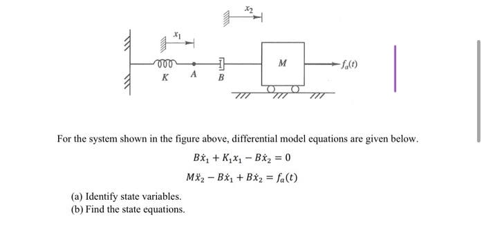 M
A
K
B
For the system shown in the figure above, differential model equations are given below.
Bx, + K,x, - Bx, = 0
Mž2 – Bx, + Bắ2 = fa(t)
%3D
(a) Identify state variables.
(b) Find the state equations.
