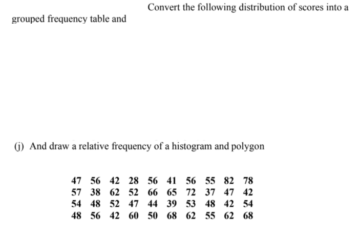 Convert the following distribution of scores into a
grouped frequency table and
(j) And draw a relative frequency of a histogram and polygon
47 56 42 28 56 41 56 55 82
78
57 38 62 52 66 65 72 37 47
42
54 48 52 47 44 39 53 48 42
54
48 56 42 60 50 68 62 55 62 68
