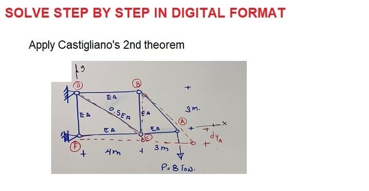 SOLVE STEP BY STEP IN DIGITAL FORMAT
Apply Castigliano's 2nd theorem
EA
+
EA
0.5EA
EP
4m
EA
EA
3m
3m.
+
P= 8 TON.
dyA