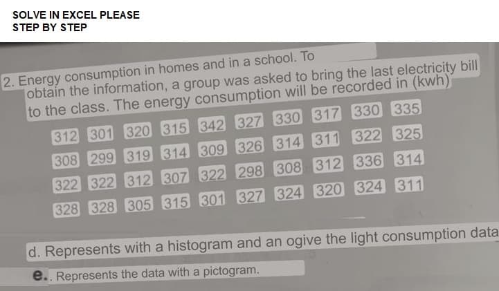 SOLVE IN EXCEL PLEASE
STEP BY STEP
2. Energy consumption in homes and in a school. To
obtain the information, a group was asked to bring the last electricity bill
to the class. The energy consumption will be recorded in (kwh)]
312 301 320 315 342 327 330 317 330 335
308 299 319 314 309 326 314 311 322 325
322 322 312 307 322 298 308 312 336 314
328 328 305 315 301 327 324 320 324 311
d. Represents with a histogram and an ogive the light consumption data.
e.. Represents the data with a pictogram.