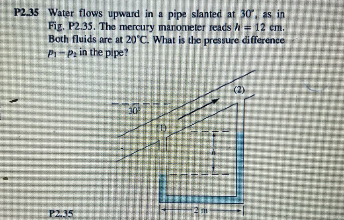 P2.35 Water flows upward in a pipe slanted at 30°, as in
12 cm.
Fig. P2.35. The mercury manometer reads
Both fluids are at 20°C. What is the pressure difference
P₁-P₂ in the pipe?
P2.35
30*
S
201