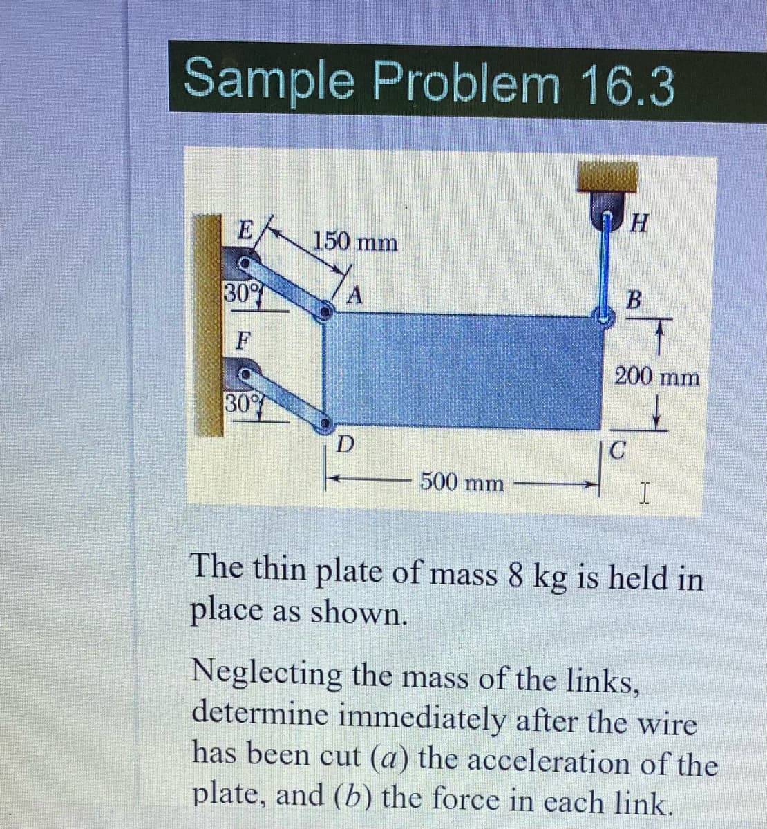 Sample Problem 16.3
150 mm
30
B
F
200 mm
30%
D
500 mm
The thin plate of mass 8 kg is held in
place as shown.
Neglecting the mass of the links,
determine immediately after the wire
has been cut (a) the acceleration of the
plate, and (b) the force in each link.
