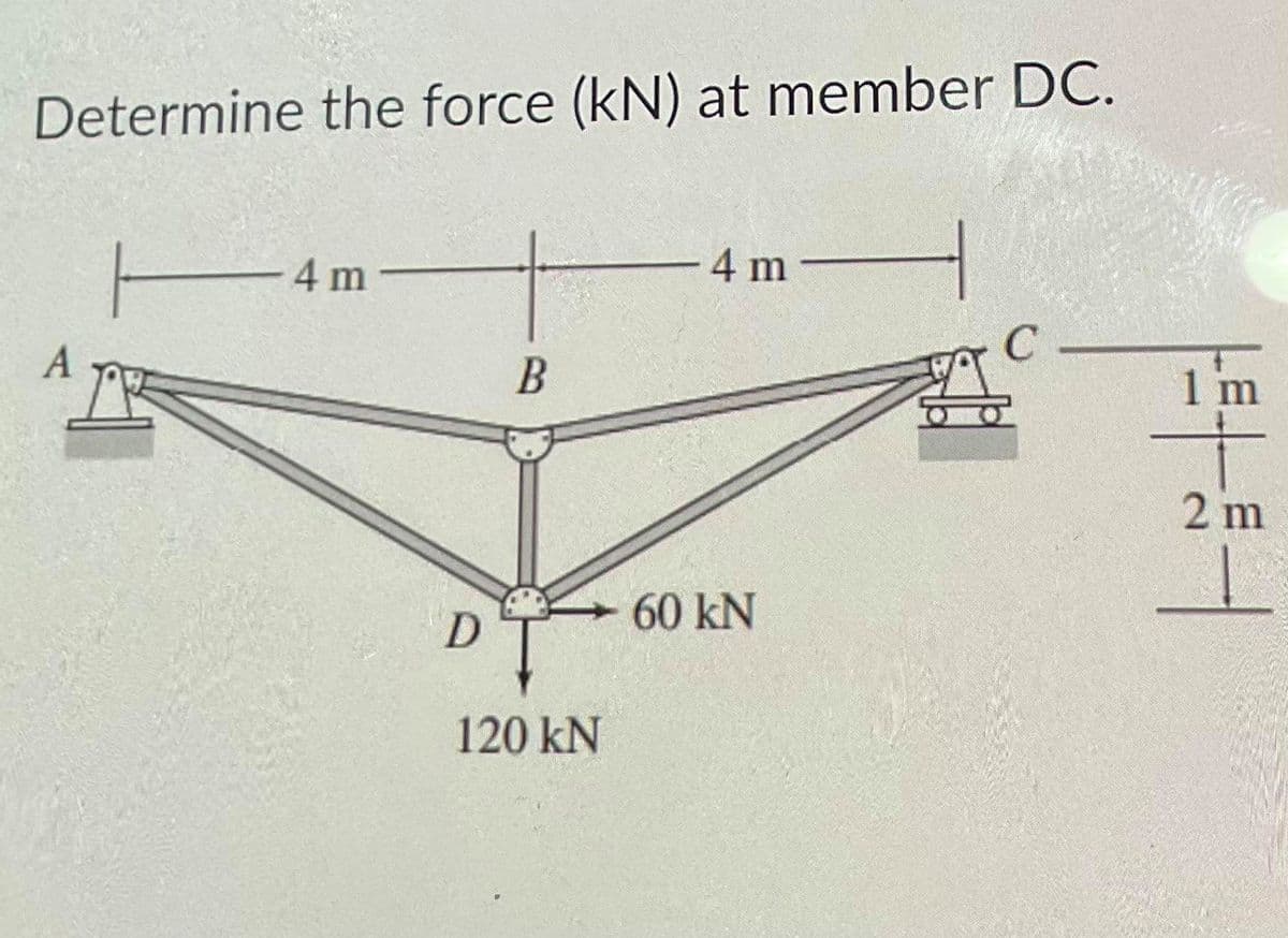 Determine the force (kN) at member DC.
4 m
4 m
1 m
2 m
60 kN
120 kN
