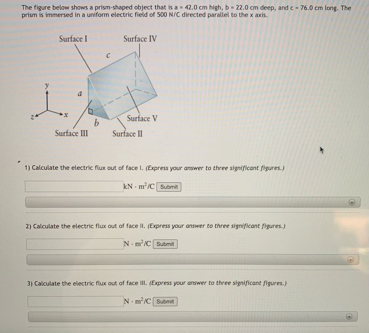 The figure below shows a prism-shaped object that is a = 42.0 cm high, b = 22.0 cm deep, and c = 76.0 cm long. The
prism is immersed in a uniform electric field of 500 N/C directed parallel to the x axis.
Surface I
Surface IV
C
y
a
Surface V
Surface III
Surface II
1) Calculate the electric flux out of face I. (Express your answer to three significant figures.)
kN · m²/C Submit
2) Calculate the electric flux out of face II. (Express your answer to three significant figures.)
N m2/C Submit
3) Calculate the electric flux out of face III. (Express your answer to three significant figures.)
N m2/C Submit
