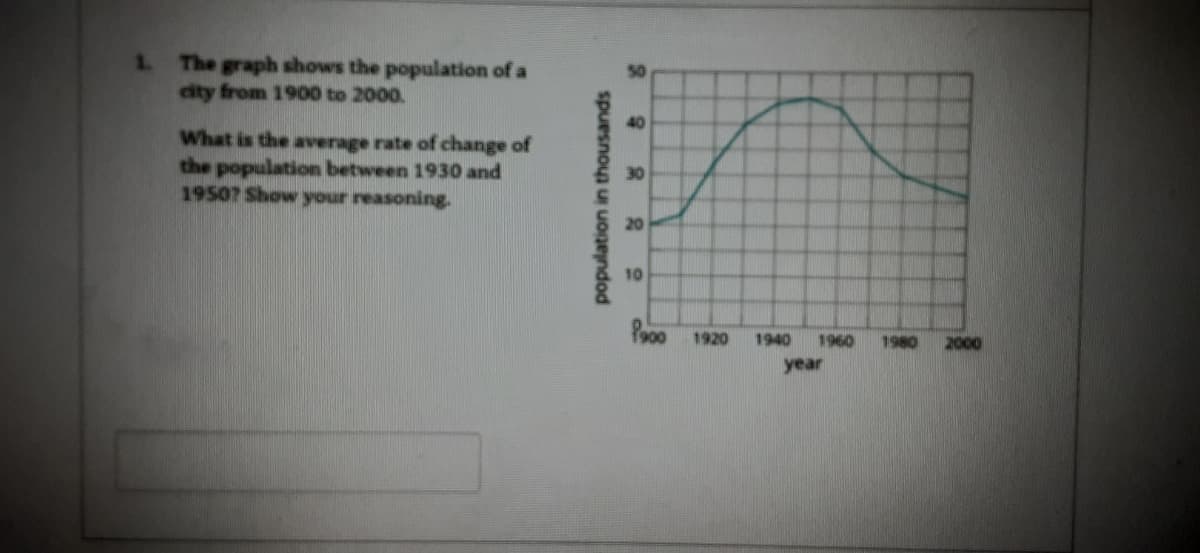 The graph shows the population of a
city from 1900 to 2000.
50
40
What is the average rate of change of
the population between 1930 and
19507 Show your reasoning.
30
20
10
Poo0 1920
1940
1960
1980
2000
year
population in thousands
