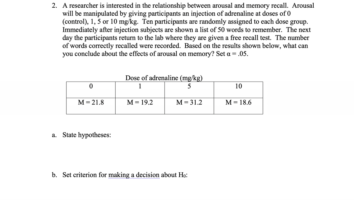2. A researcher is interested in the relationship between arousal and memory recall. Arousal
will be manipulated by giving participants an injection of adrenaline at doses of 0
(control), 1, 5 or 10 mg/kg. Ten participants are randomly assigned to each dose group.
Immediately after injection subjects are shown a list of 50 words to remember. The next
day the participants return to the lab where they are given a free recall test. The number
of words correctly recalled were recorded. Based on the results shown below, what can
you conclude about the effects of arousal on memory? Set a = .05.
0
M = 21.8
a. State hypotheses:
Dose of adrenaline (mg/kg)
1
5
M = 19.2
M = 31.2
b. Set criterion for making a decision about Ho:
10
M = 18.6
