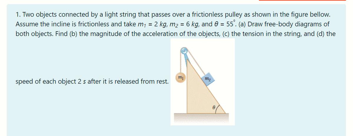 1. Two objects connected by a light string that passes over a frictionless pulley as shown in the figure bellow.
Assume the incline is frictionless and take m¡ = 2 kg, m2 =
6 kg, and 0 = 55. (a) Draw free-body diagrams of
both objects. Find (b) the magnitude of the acceleration of the objects, (c) the tension in the string, and (d) the
speed of each object 2 s after it is released from rest.
