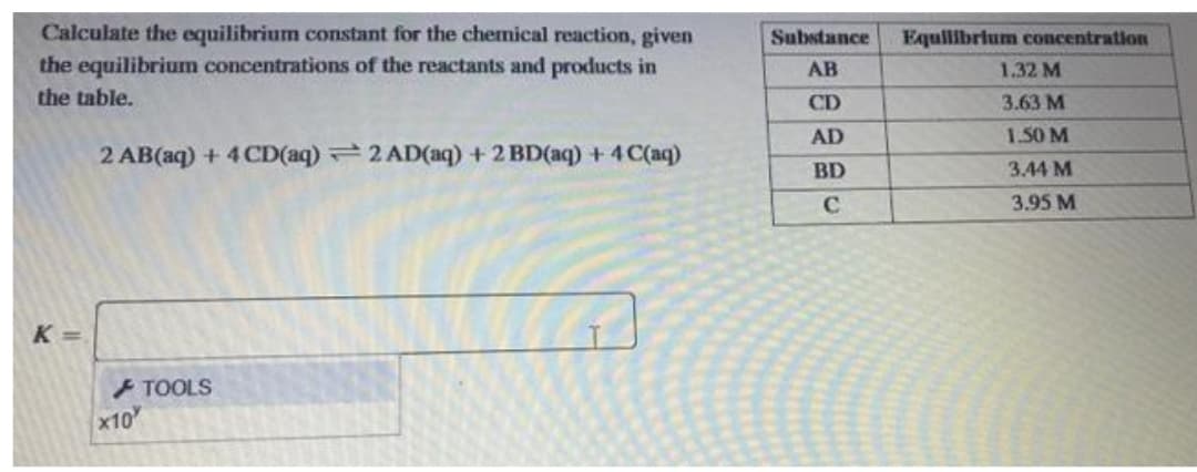 Calculate the equilibrium constant for the chemical reaction, given
the equilibrium concentrations of the reactants and products in
Substance
Equilibrium concentration
AB
1.32 M
the table.
CD
3.63 M
AD
1.50 M
2 AB(aq) +4 CD(aq) 2 AD(aq) + 2 BD(aq) +4C(aq)
BD
3.44 M
C
3.95 M
K =
TOOLS
x10
