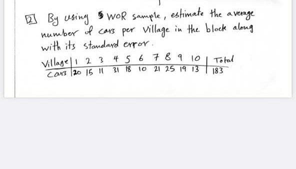 2 By using $ WOR sample, estimate the average
number of carS per village in the block aloug
with its standard error.
4 5 6 7 89 10
Village|i 2 3
Cars 20 15 I 31 18 1O 21 25 19 13
To tal
183

