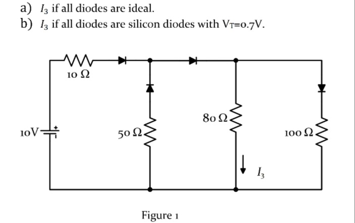 a) 1z if all diodes are ideal.
b) Iz if all diodes are silicon diodes with VT=0.7V.
10 2
80 Ω.
10V-
50 Ω.
100 2
Figure 1
