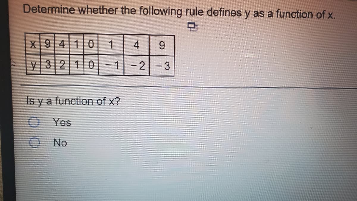 Determine whether the following rule defines y as a function of x.
X9410
4
y 3 2 10|-1-2 - 3
Is y a function of x?
O Yes
ONo
