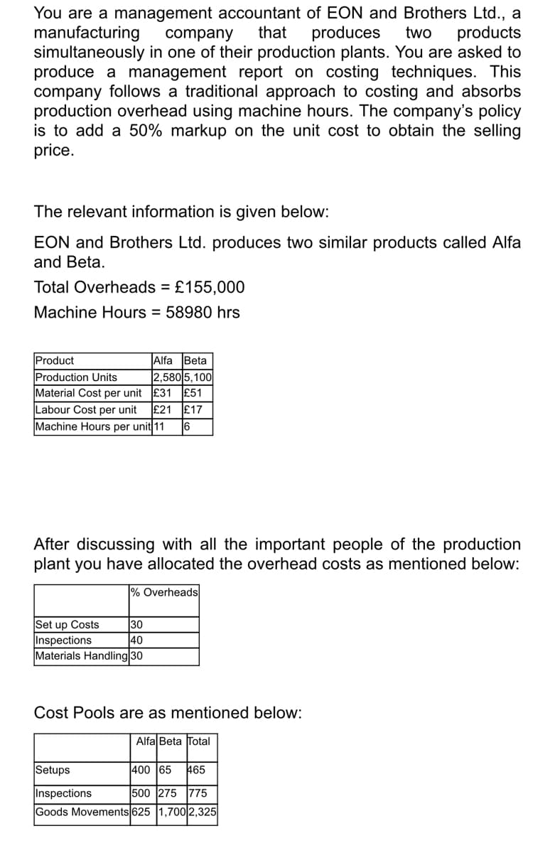 company
that
You are a management accountant of EON and Brothers Ltd., a
manufacturing
produces two products
simultaneously in one of their production plants. You are asked to
produce a management report on costing techniques. This
company follows a traditional approach to costing and absorbs
production overhead using machine hours. The company's policy
is to add a 50% markup on the unit cost to obtain the selling
price.
The relevant information is given below:
EON and Brothers Ltd. produces two similar products called Alfa
and Beta.
Total Overheads = £155,000
Machine Hours = 58980 hrs
Product
Alfa Beta
Production Units
2,580 5,100
Material Cost per unit
£31 £51
Labour Cost per unit £21 £17
Machine Hours per unit 11 6
After discussing with all the important people of the production
plant you have allocated the overhead costs as mentioned below:
% Overheads
Set up Costs
30
Inspections
40
Materials Handling 30
Cost Pools are as mentioned below:
Alfa Beta Total
Setups
400 65 465
Inspections
500 275 775
Goods Movements 625 1,700 2,325