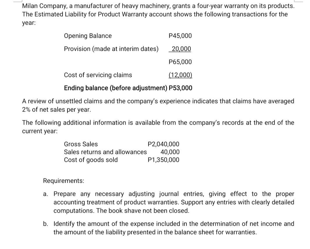 Milan Company, a manufacturer of heavy machinery, grants a four-year warranty on its products.
The Estimated Liability for Product Warranty account shows the following transactions for the
year:
Opening Balance
P45,000
Provision (made at interim dates)
20,000
P65,000
Cost of servicing claims
(12,000)
Ending balance (before adjustment) P53,000
A review of unsettled claims and the company's experience indicates that claims have averaged
2% of net sales per year.
The following additional information is available from the company's records at the end of the
current year:
Gross Sales
P2,040,000
40,000
P1,350,000
Sales returns and allowances
Cost of goods sold
Requirements:
a. Prepare any necessary adjusting journal entries, giving effect to the proper
accounting treatment of product warranties. Support any entries with clearly detailed
computations. The book shave not been closed.
b. Identify the amount of the expense included in the determination of net income and
the amount of the liability presented in the balance sheet for warranties.
