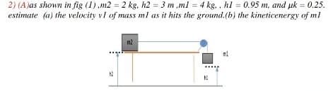 2) (Ajas shown in fig (1),m2 = 2 kg, h2 = 3 m ,ml = 4 kg., hl = 0.95 m, and uk = 0.25.
estimate (a) the velocity vl of mass ml as it hits the ground.(b) the kineticenergy of ml
n2
