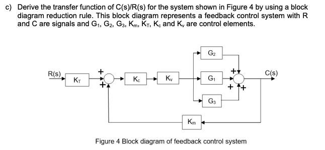 c) Derive the transfer function of C(s)/R(s) for the system shown in Figure 4 by using a block
diagram reduction rule. This block diagram represents a feedback control system with R
and C are signals and G₁, G2, G3, Km, KT, Kc and K, are control elements.
R(s),
KT
Kc
Kv
Km
G₂
G₁
G3
+
Figure 4 Block diagram of feedback control system
C(s)