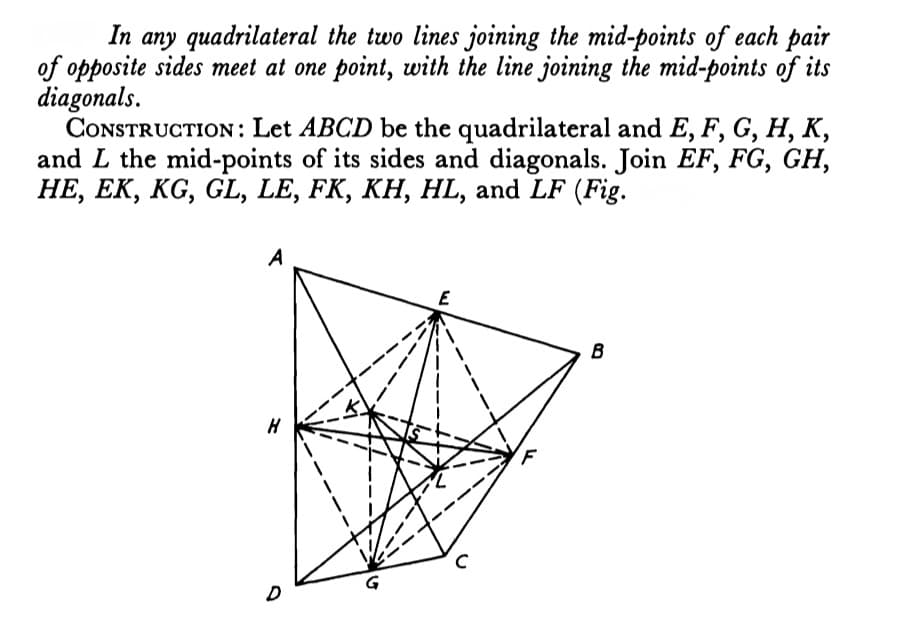 In
any quadrilateral the two lines joining the mid-points of each pair
of opposite sides meet at one point, with the line joining the mid-points of its
diagonals.
CONSTRUCTION: Let ABCD be the quadrilateral and E, F, G, H, K,
and L the mid-points of its sides and diagonals. Join EF, FG, GH,
HE, EK, KG, GL, LE, FK, KH, HL, and LF (Fig.
A
B
H
D
