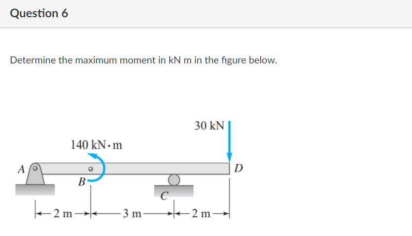 Question 6
Determine the maximum moment in kN m in the figure below.
30 kN
140 kN • m
A
D
B-
C
k 2m –
3 m
-2 m–
