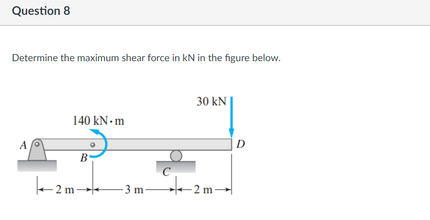 Question 8
Determine the maximum shear force in kN in the figure below.
30 kN
140 kN • m
A
D
B
2 m
3 m
2 m
