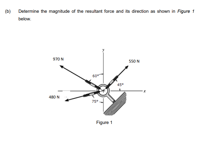 (b)
Determine the magnitude of the resultant force and its direction as shown in Figure 1
below.
970 N
550 N
60-
45°
480 N
75°
Figure 1
