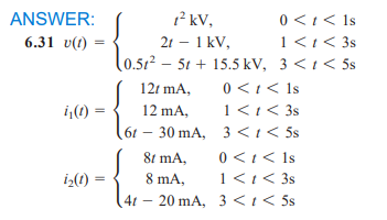 ANSWER:
1? kV,
0 <1< Is
1<1< 3s
21 – 1 kV,
(0.512 - 5t + 15.5 kV, 3 <t< 5s
6.31 v(1)
0 <1< Is
1<1< 3s
12t mA,
12 mA,
St – 30 mA, 3 <i< 5s
8t mA,
SI >1>0
1<1< 3s
41 – 20 mA, 3 <1< 5s
i>(1) =
8 mA,
