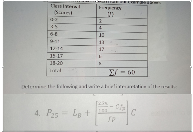 a uKCITTTUI Our example above:
Class Interval
Frequency
(Scores)
0-2
3-5
4
6-8
10
9-11
13
12-14
17
15-17
18-20
8
Total
Σf60
Determine the following and write a brief interpretation of the results:
[25n
Cfp
100
4. P25 = LB +
fp
