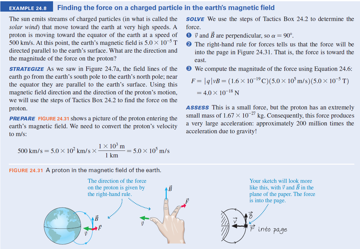 Finding the force on a charged particle in the earth's magnetic field
EXAMPLE 24.8
The sun emits streams of charged particles (in what is called the
solar wind) that move toward the earth at very high speeds. A
proton is moving toward the equator of the earth at a speed of
500 km/s. At this point, the earth’s magnetic field is 5.0 × 10-5T
SOLVE We use the steps of Tactics Box 24.2 to determine the
force.
O ỹ and B are perpendicular, so a = 90°.
O The right-hand rule for forces tells us that the force will be
directed parallel to the earth's surface. What are the direction and
into the page in Figure 24.31. That is, the force is toward the
the magnitude of the force on the proton?
east.
® We compute the magnitude of the force using Equation 24.6:
STRATEGIZE As we saw in Figure 24.7a, the field lines of the
earth go from the earth's south pole to the earth's north pole; near
the equator they are parallel to the earth's surface. Using this
magnetic field direction and the direction of the proton's motion,
we will use the steps of Tactics Box 24.2 to find the force on the
F = |q|vB= (1.6 × 10-1ºC)(5.0 × 10° m/s)(5.0 × 10 5 T)
= 4.0 × 10-18 N
ASSESS This is a small force, but the proton has an extremely
small mass of 1.67 × 10¯2' kg. Consequently, this force produces
a very large acceleration: approximately 200 million times the
acceleration due to gravity!
proton.
PREPARE FIGURE 24.31 shows a picture of the proton entering the
earth's magnetic field. We need to convert the proton’s velocity
to m/s:
1 × 10° m
500 km/s = 5.0 × 10² km/s X
= 5.0 × 10° m/s
1 km
FIGURE 24.31 A proton in the magnetic field of the earth.
Your sketch will look more
like this, with v and B in the
plane of the paper. The force
is into the page.
The direction of the force
on the proton is given by
the right-hand rule.
F into page
