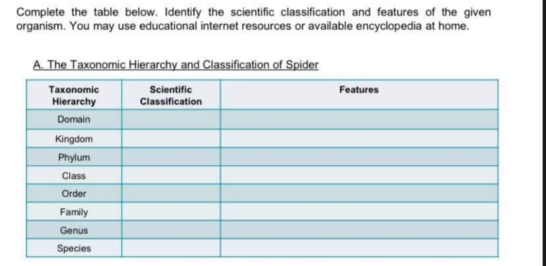 Complete the table below. Identify the scientific classification and features of the given
organism. You may use educational internet resources or available encyclopedia at home.
A. The Taxonomic Hierarchy and Classification of Spider
Taxonomic
Scientific
Features
Hierarchy
Classification
Domain
Kingdom
Phylum
Class
Order
Family
Genus
Species
