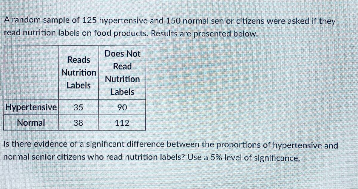 A random sample of 125 hypertensive and 150 normal senior citizens were asked if they
read nutrition labels on food products. Results are presented below.
Does Not
Reads
Read
Nutrition
Nutrition
Labels
Labels
Hypertensive
35
90
Normal
38
112
Is there evidence of a significant difference between the proportions of hypertensive and
normal senior citizens who read nutrition labels? Use a 5% level of significance.
