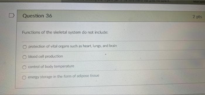 Question 36
2 pts
Functions of the skeletal system do not include:
protection of vital organs such as heart, lungs, and brain
O blood cell production
O control of body temperature
O energy storage in the form of adipose tissue
