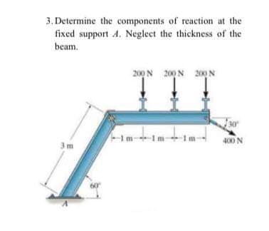 3. Determine the components of reaction at the
fixed support 4. Neglect the thickness of the
beam.
200 N 200 N 200N
30
400 N
3m
60
