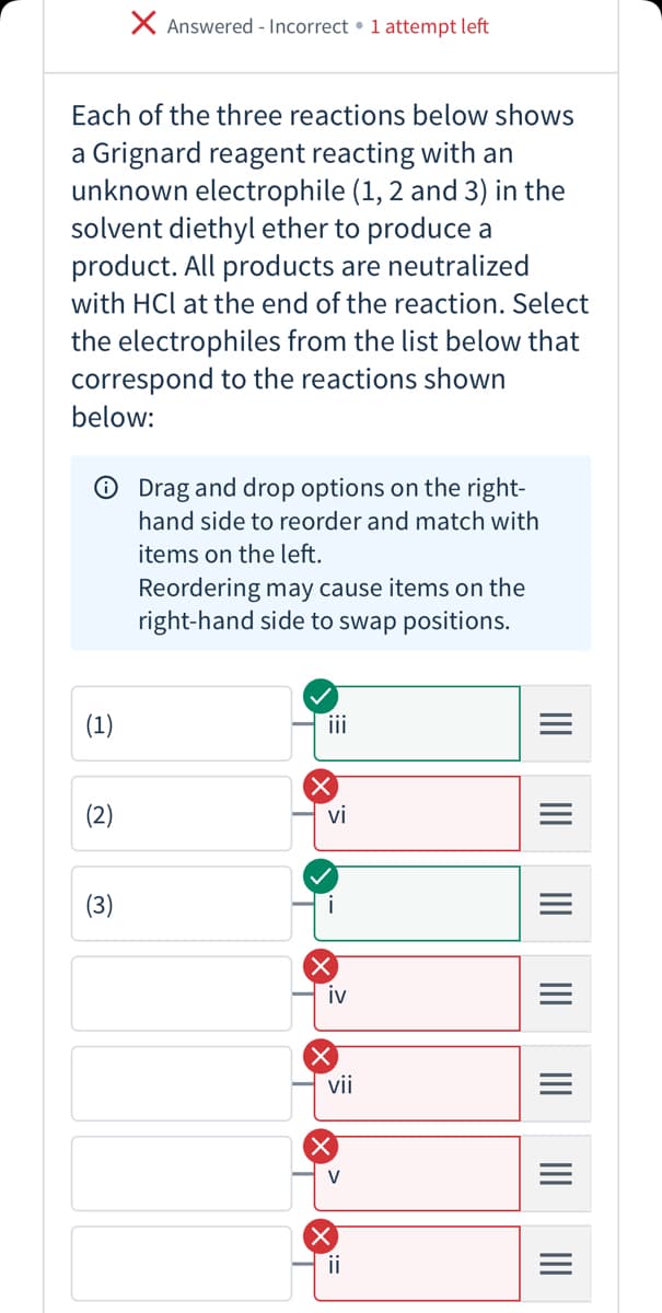 X Answered - Incorrect • 1 attempt left
Each of the three reactions below shows
a Grignard reagent reacting with an
unknown electrophile (1, 2 and 3) in the
solvent diethyl ether to produce a
product. All products are neutralized
with HCl at the end of the reaction. Select
the electrophiles from the list below that
correspond to the reactions shown
below:
O Drag and drop options on the right-
hand side to reorder and match with
items on the left.
Reordering may cause items on the
right-hand side to swap positions.
(1)
i
(2)
vi
(3)
iv
vii
V
ii
II
II
