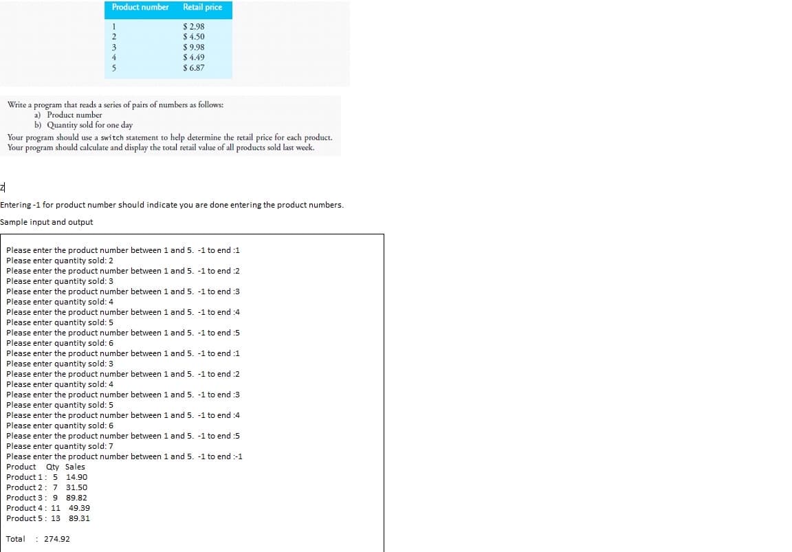 Product number
Retail price
$ 2.98
$ 4.50
$ 9.98
$ 4.49
$6,87
1
2
3
4
5
Write a program that reads a series of pairs of numbers as follows:
a) Product number
b) Quantity sold for one day
Your program should use a switch statement to help determine the retail price for each product.
Your program should calculate and display the total retail value of all products sold last week.
Entering -1 for product number should indicate you are done entering the product numbers.
Sample input and output
Please enter the product number between 1 and 5. -1 to end :1
Please enter quantity sold: 2
Please enter the product number between 1 and 5. -1 to end :2
Please enter quantity sold: 3
Please enter the product number between 1 and 5. -1 to end :3
Please enter quantity sold: 4
Please enter the product number between 1 and 5. -1 to end :4
Please enter quantity sold: 5
Please enter the product number between 1 and 5. -1 to end :5
Please enter quantity sold: 6
Please enter the product number between 1 and 5. -1 to end :1
Please enter quantity sold: 3
Please enter the product number between 1 and 5. -1 to end :2
Please enter quantity sold: 4
Please enter the product number between 1 and 5. -1 to end :3
Please enter quantity sold: 5
Please enter the product number between 1 and 5. -1 to end :4
Please enter quantity sold: 6
Please enter the product number between 1 and 5. -1 to end :5
Please enter quantity sold: 7
Please enter the product number between 1 and 5. -1 to end :-1
Product Qty Sales
Product 1: 5 14.90
Product 2: 7 31.50
Product 3: 9 89.82
Product 4: 11 49.39
Product 5: 13 89.31
Total
: 274.92
