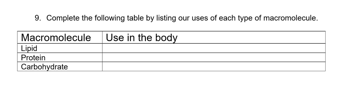 9. Complete the following table by listing our uses of each type of macromolecule.
Macromolecule
Use in the body
Lipid
Protein
Carbohydrate

