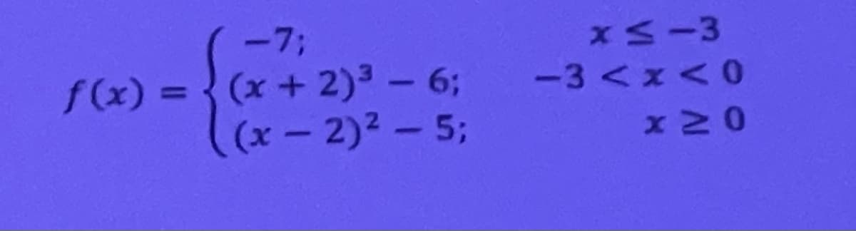 -73B
xS-3
f(x) ={ (x+2)³ - 6;
(x-2)2-53B
%3D
-3 <x<0
