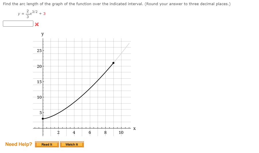 Find the arc length of the graph of the function over the indicated interval. (Round your answer to three decimal places.)
2 3/2
y =
-x
+ 3
3
y
25
20
15
10
5
4
6.
8.
10
Need Help?
Read It
Watch It
