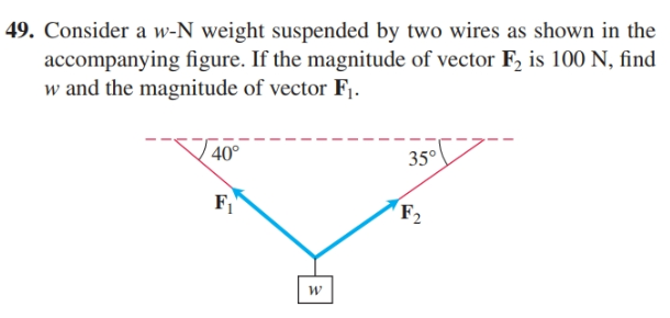 49. Consider a w-N weight suspended by two wires as shown in the
accompanying figure. If the magnitude of vector F, is 100 N, find
w and the magnitude of vector F1.
40°
35°
F1
F2
