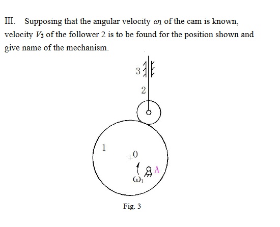 III. Supposing that the angular velocity ₁ of the cam is known,
velocity V₂ of the follower 2 is to be found for the position shown and
give name of the mechanism.
3
1
XO
2
(8
Fig. 3
A