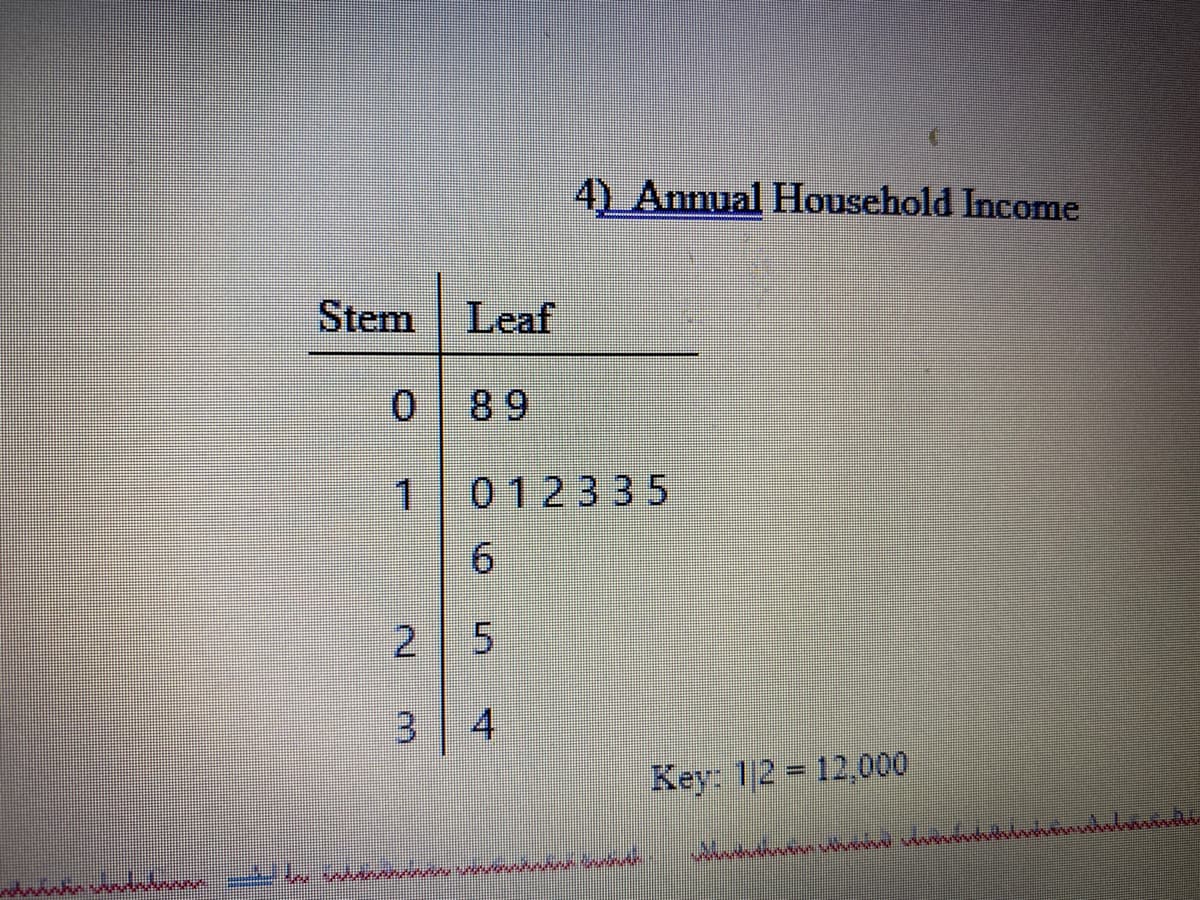 4) Ammual Household Income
Stem
Leaf
0 89
1012335
2 5
4
Key: 12 12,000
