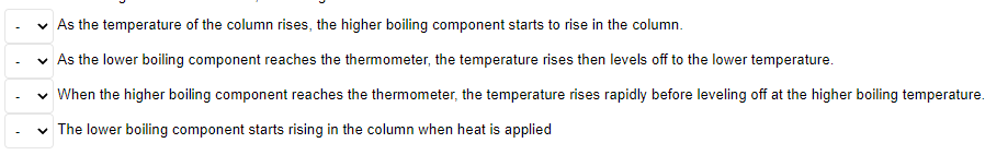 v As the temperature of the column rises, the higher boiling component starts to rise in the column.
v As the lower boiling component reaches the thermometer, the temperature rises then levels off to the lower temperature.
v When the higher boiling component reaches the thermometer, the temperature rises rapidly before leveling off at the higher boiling temperature.
v The lower boiling component starts rising in the column when heat is applied
