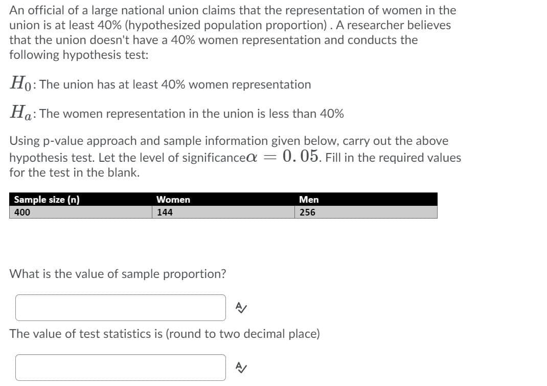 An official of a large national union claims that the representation of women in the
union is at least 40% (hypothesized population proportion). A researcher believes
that the union doesn't have a 40% women representation and conducts the
following hypothesis test:
Ho: The union has at least 40% women representation
Ha: The women representation in the union is less than 40%
Using p-value approach and sample information given below, carry out the above
hypothesis test. Let the level of significancea
for the test in the blank.
0. 05. Fill in the required values
Sample size (n)
Women
Men
400
144
256
What is the value of sample proportion?
The value of test statistics is (round to two decimal place)
