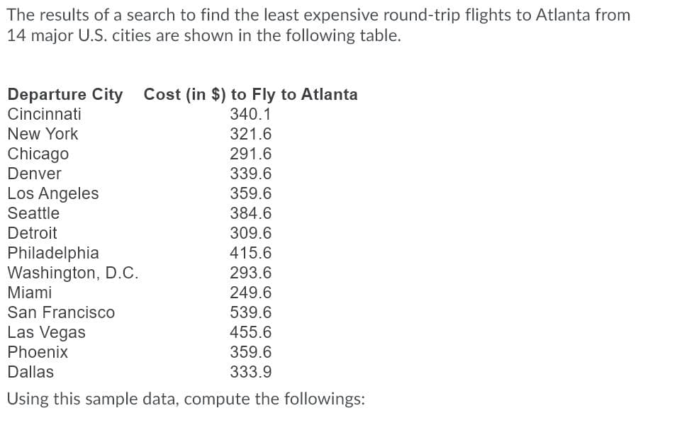The results of a search to find the least expensive round-trip flights to Atlanta from
14 major U.S. cities are shown in the following table.
Departure City
Cincinnati
Cost (in $) to Fly to Atlanta
340.1
New York
321.6
Chicago
Denver
291.6
339.6
Los Angeles
359.6
Seattle
384.6
Detroit
309.6
Philadelphia
Washington, D.C.
Miami
415.6
293.6
249.6
San Francisco
539.6
Las Vegas
455.6
Phoenix
359.6
Dallas
333.9
Using this sample data, compute the followings:
