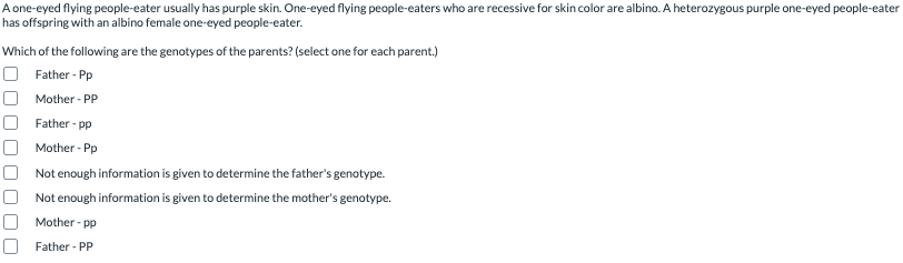 A one-eyed flying people-eater usually has purple skin. One-eyed flying people-eaters who are recessive for skin color are albino. A heterozygous purple one-eyed people-cater
has offspring with an albino female one-eyed people-eater.
Which of the following are the genotypes of the parents? (select one for each parent.)
O Father - Pp
Mother - PP
Father - pp
Mother - Pp
Not enough information is given to determine the father's genotype.
Not enough information is given to determine the mother's genotype.
Mother - pp
Father - PP
OO
