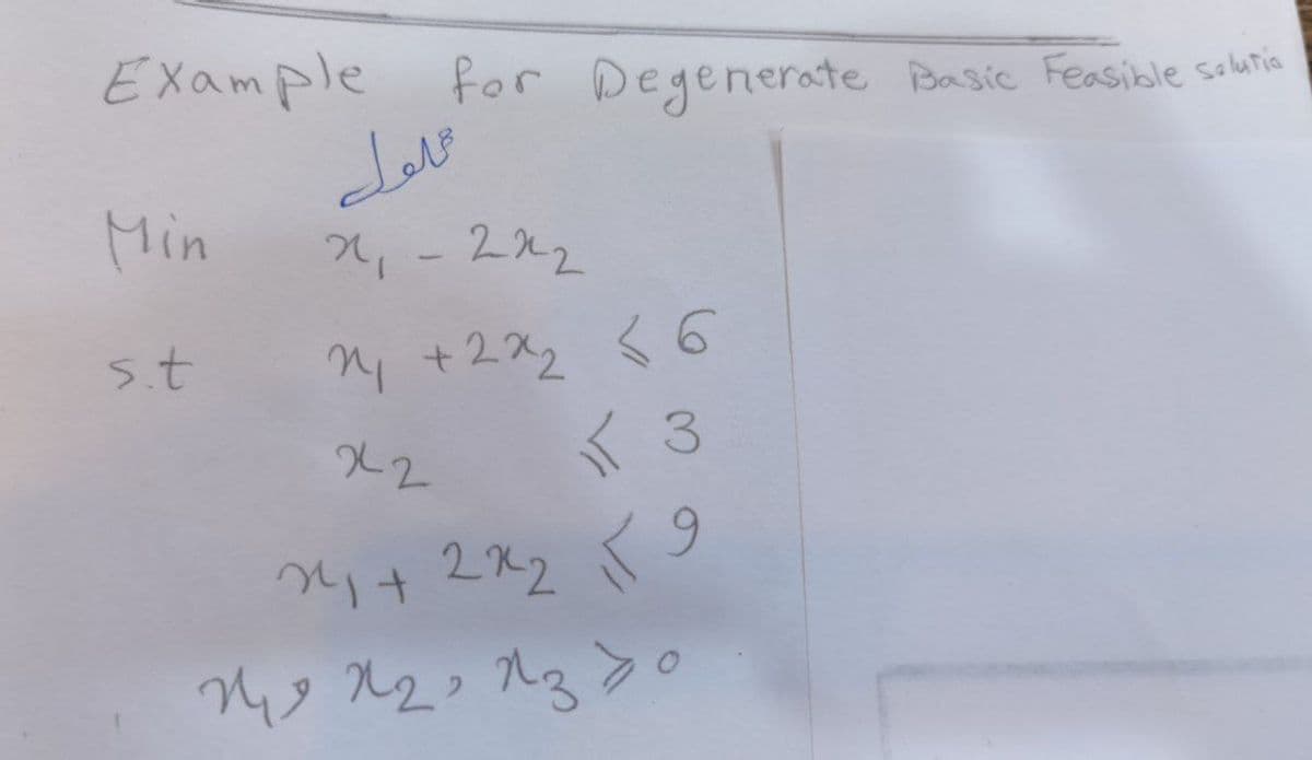 Example for Degenerate Basic Feasible solutio
Min
s.t
حلول
2₁ - 222
ni
24 +22₂ 36
<6
x2
3
24₁ +2×₂9
20 2013 وہلا