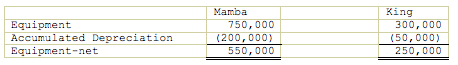 Mamba
Equipment
Accumulated Depreciation
Equipment-net
King
300,000
(50,000)
250,000
750,000
(200,000)
550,000
