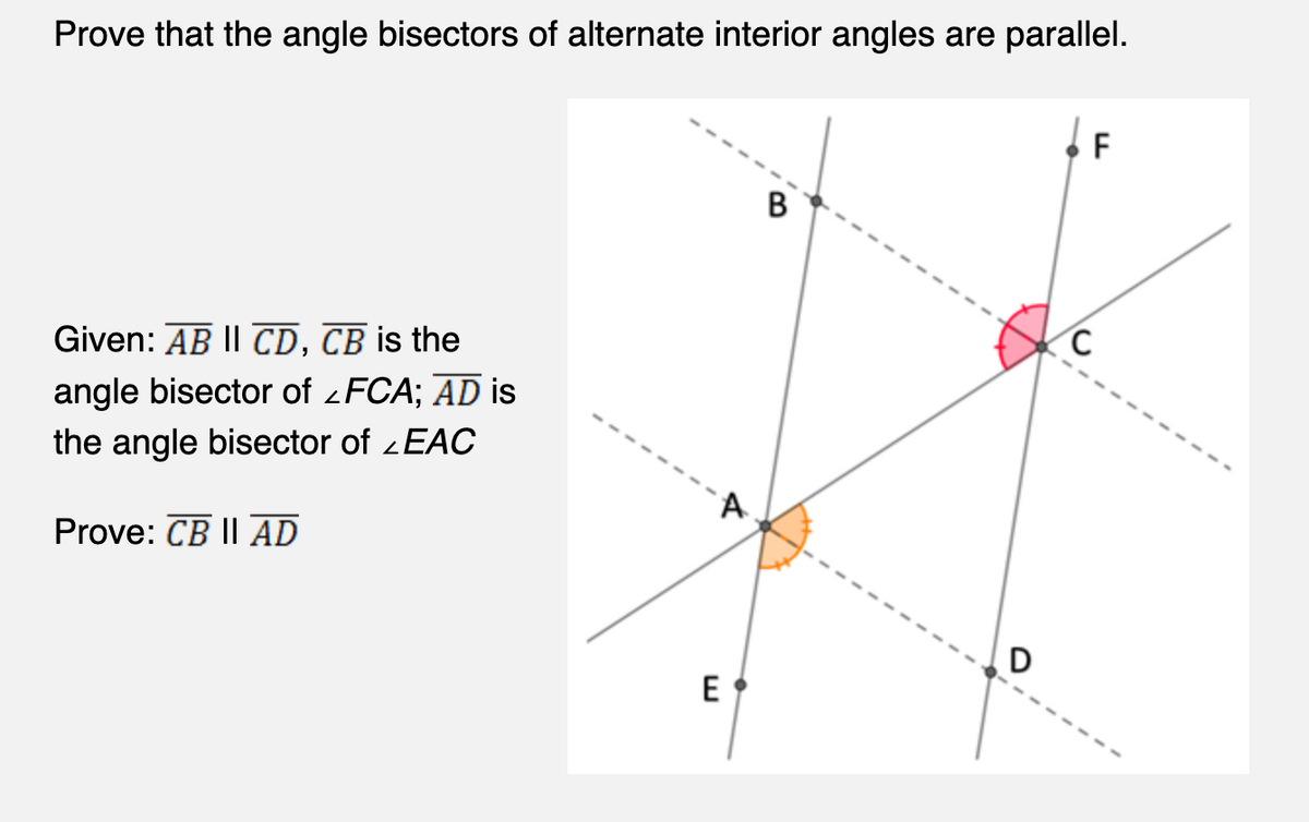 Prove that the angle bisectors of alternate interior angles are parallel.
Given: AB II CD, CB is the
angle bisector of <FCA; AD is
the angle bisector of EAC
Prove: CB II AD
E
B
D
F
C